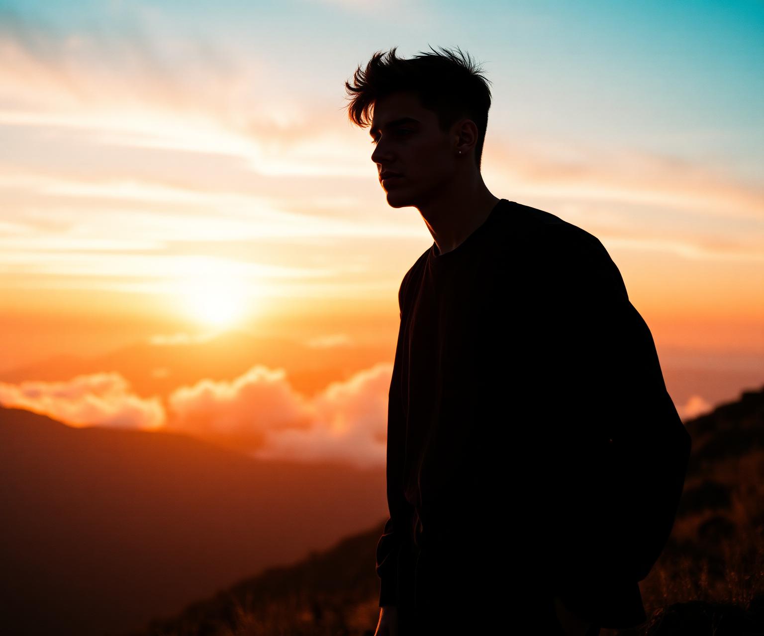 A young man on a mountain ridge at sunrise